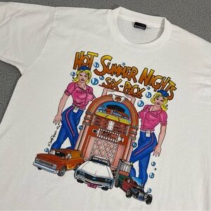 VTG Hot Summer Nights Six Pack Shirt Sz L White Single Stitch Tee